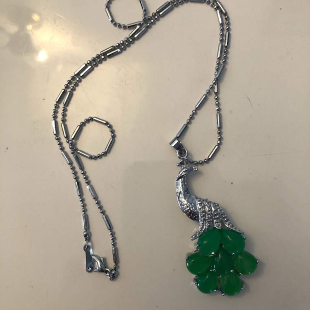 Vintage 18k GF Jade Peacock Necklace
